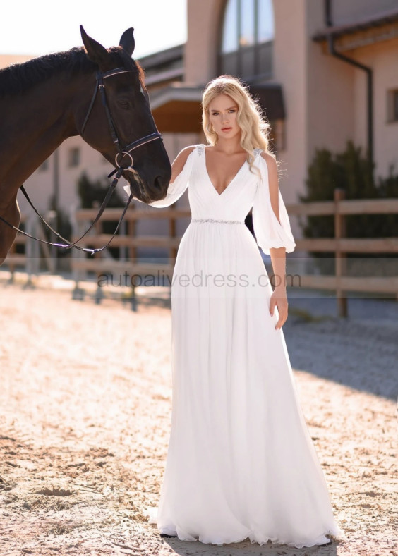Beaded Ivory Pleated Chiffon V Back Simple Boho Wedding Dress